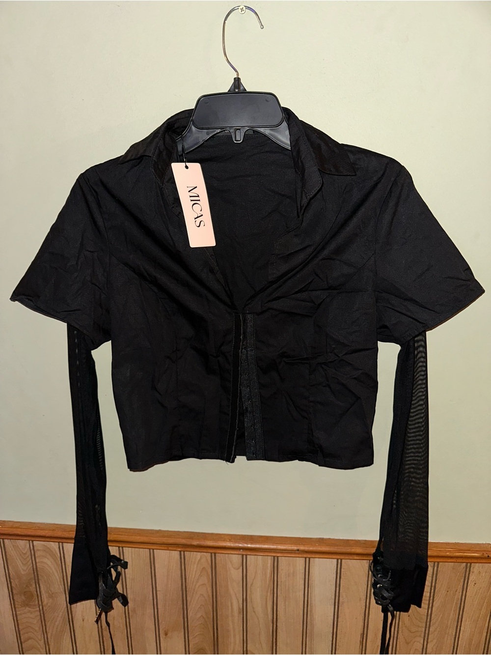 MICAS Black Collared Crop Top  Shirt with lace up sleeves